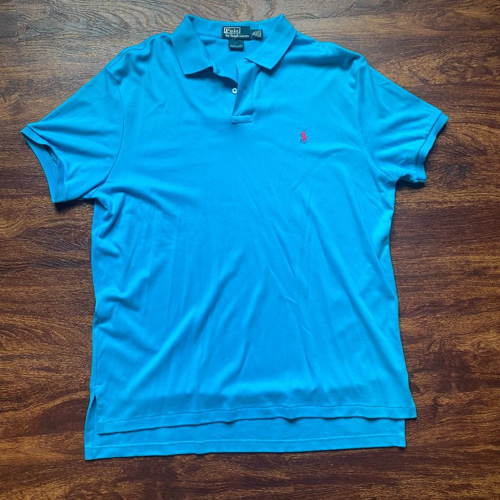 Polo Ralph Lauren bright blue t-shirt with pink emblem, cinched sleeves
